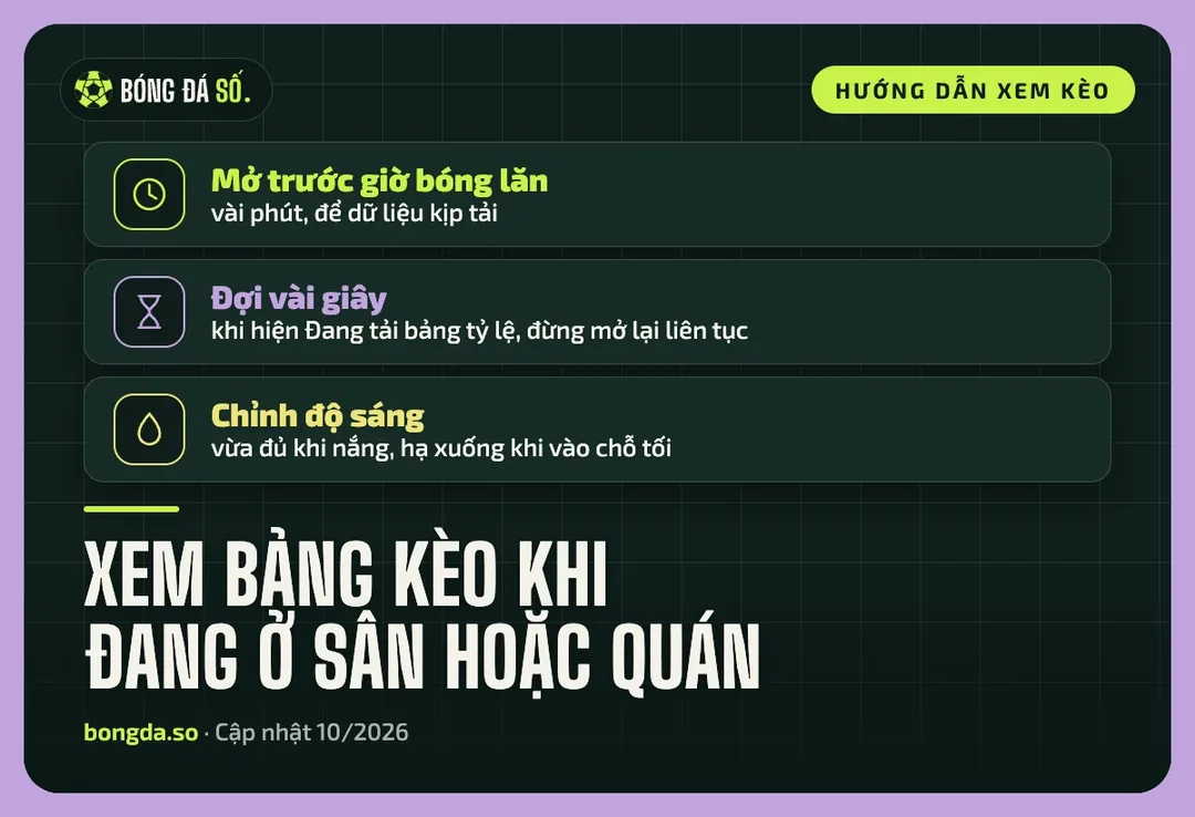 Ba lưu ý khi xem bảng kèo ở sân hoặc quán: mở trước giờ bóng lăn, đợi bảng tải, chỉnh độ sáng màn hình