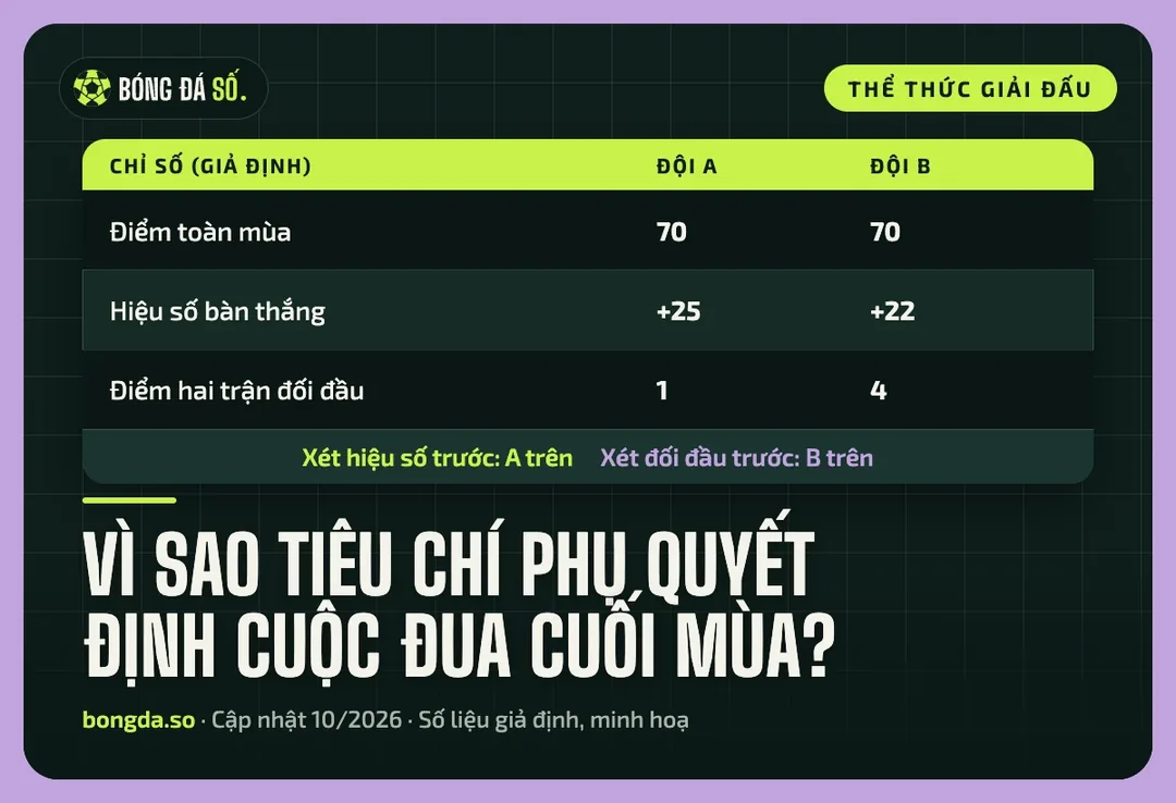 Cách tính điểm bảng xếp hạng khi các đội bằng điểm 2 Bảng giả định hai đội cùng 70 điểm: xét hiệu số thì đội A xếp trên, xét đối đầu thì đội B xếp trên