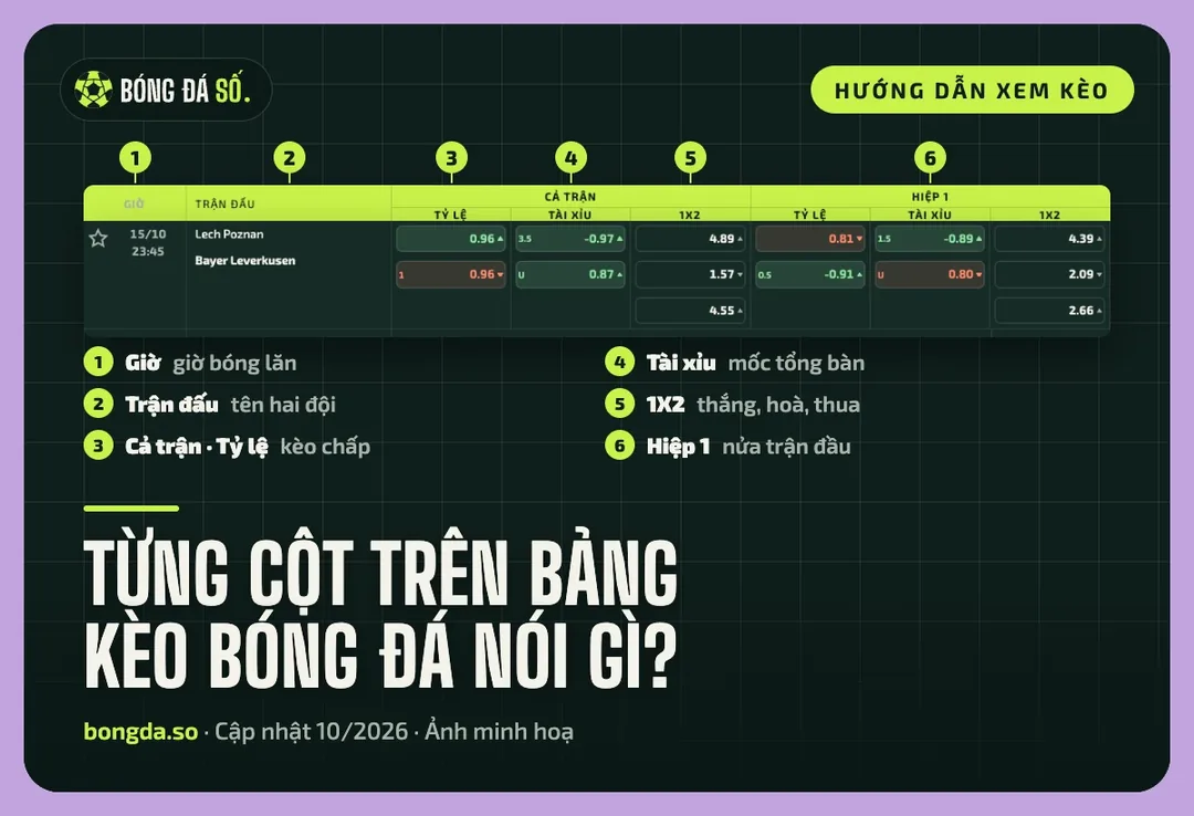 Bảng kèo có sáu vòng số chú thích các cột giờ, trận đấu, tỷ lệ, tài xỉu, 1X2 và hiệp 1