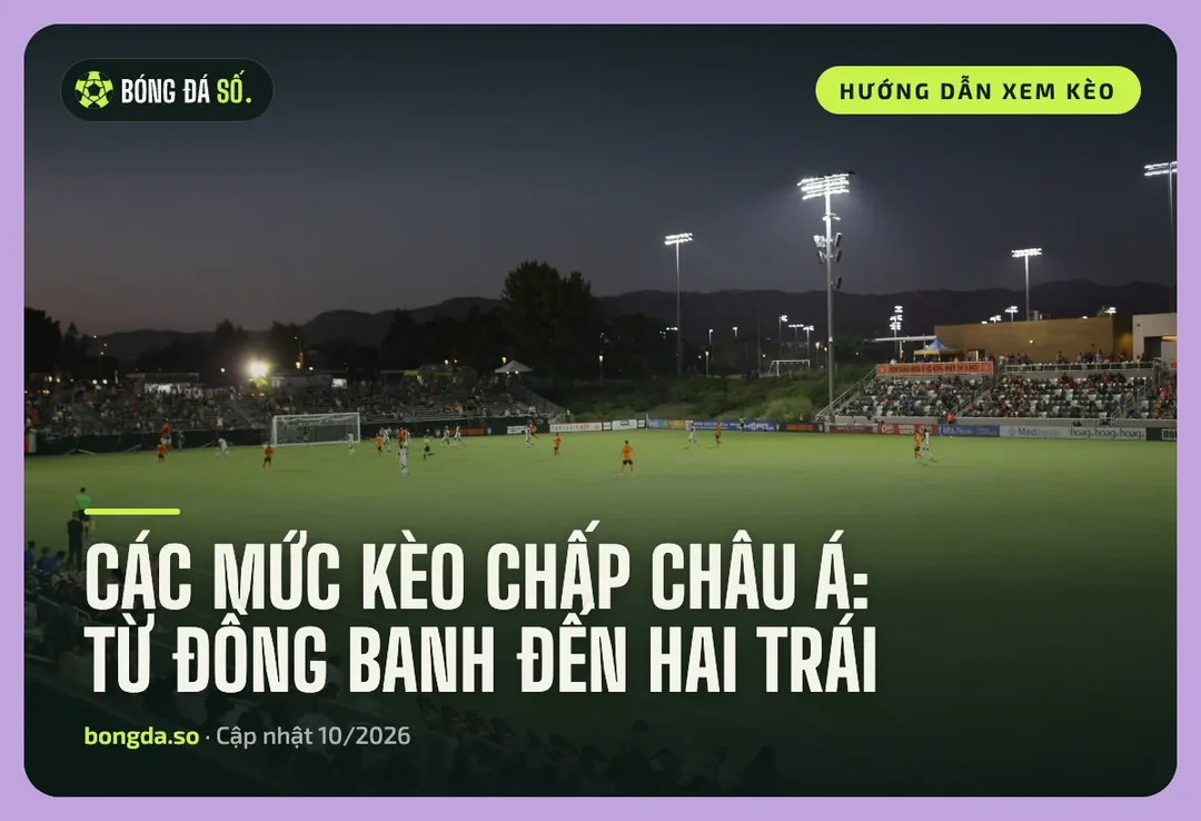 Các mức kèo chấp châu Á: Bảng tra từ đồng banh đến chấp 2 trái 3 Các mức kèo chấp: trận bóng đá trên sân vận động lúc chiều tối