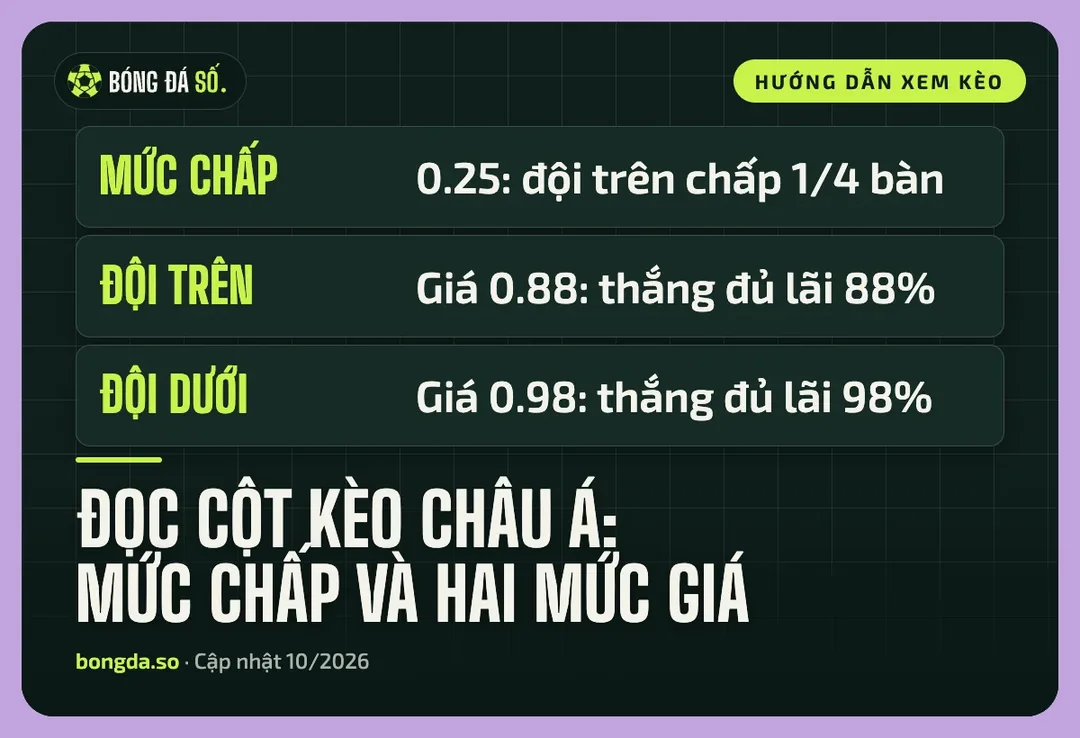 Đọc tỷ lệ kèo nhà cái 5 cột châu Á: mức chấp 0.25, giá 0.88 và 0.98