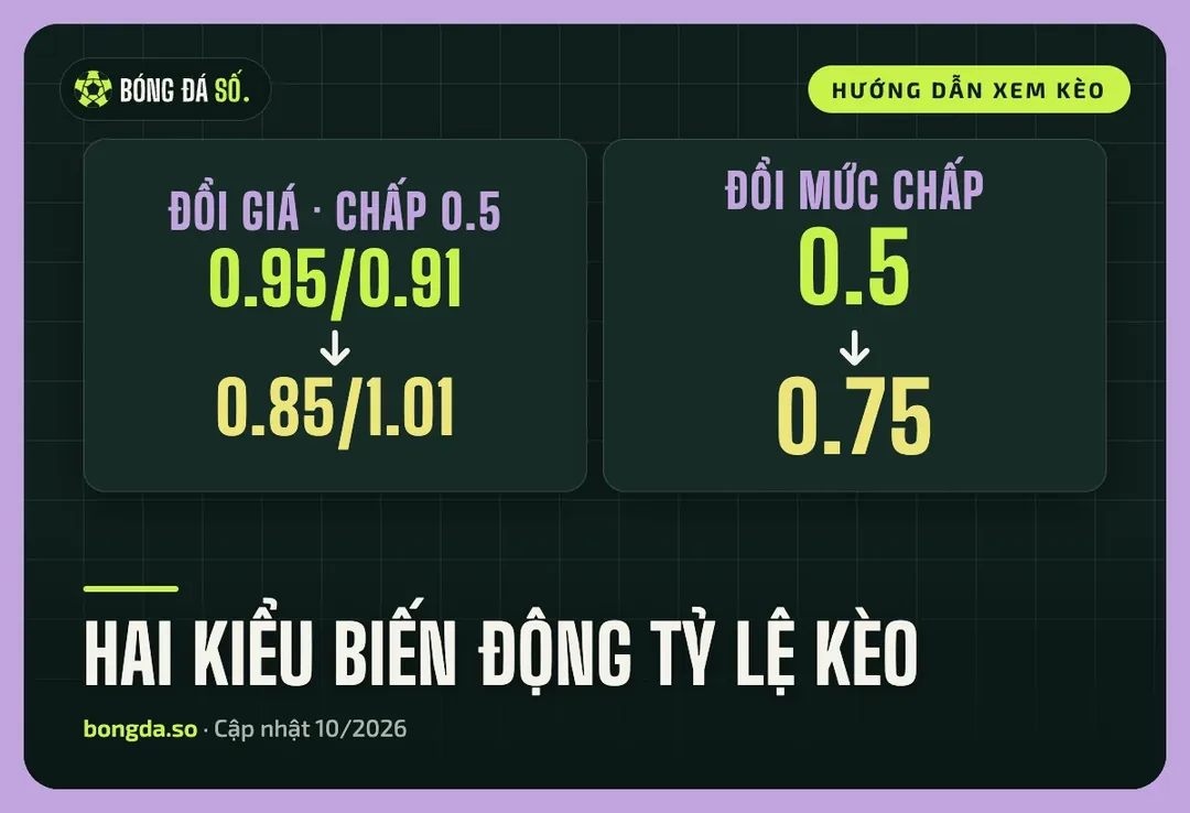 Hai kiểu biến động tỷ lệ kèo: đổi giá giữ mức chấp và đổi mức chấp từ 0.5 lên 0.75