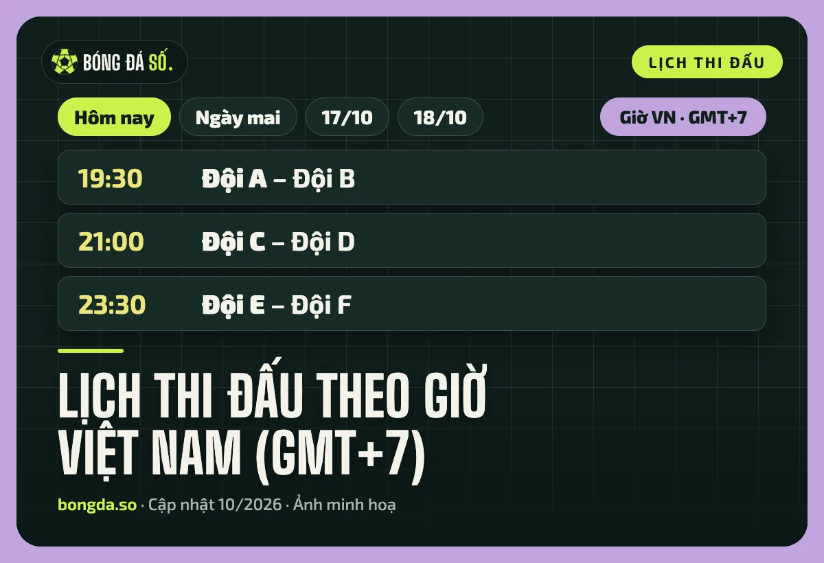 Minh hoạ lịch thi đấu với nút chọn ngày và các trận theo giờ Việt Nam
