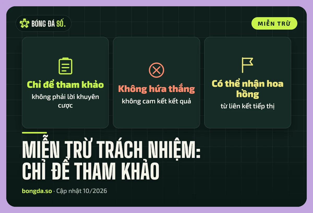 Bóng Đá Số: tuyên bố miễn trừ trách nhiệm 1 Ba điểm chính của miễn trừ trách nhiệm: chỉ để tham khảo, không hứa thắng, có thể nhận hoa hồng từ liên kết